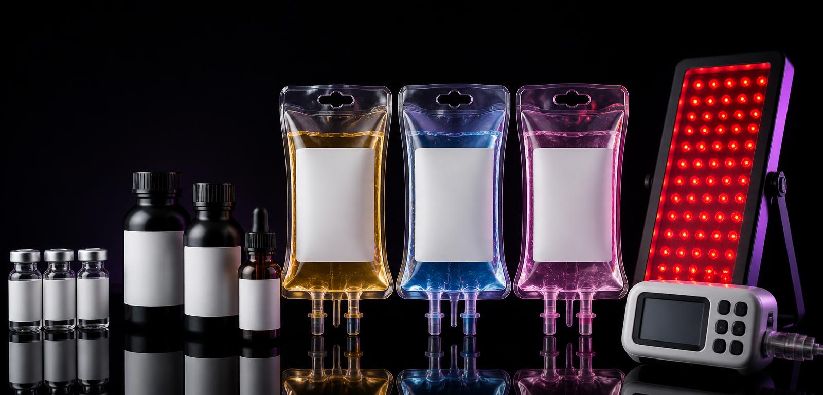 Peptide vials, supplement bottles, IV bags, and a red light therapy panel on black