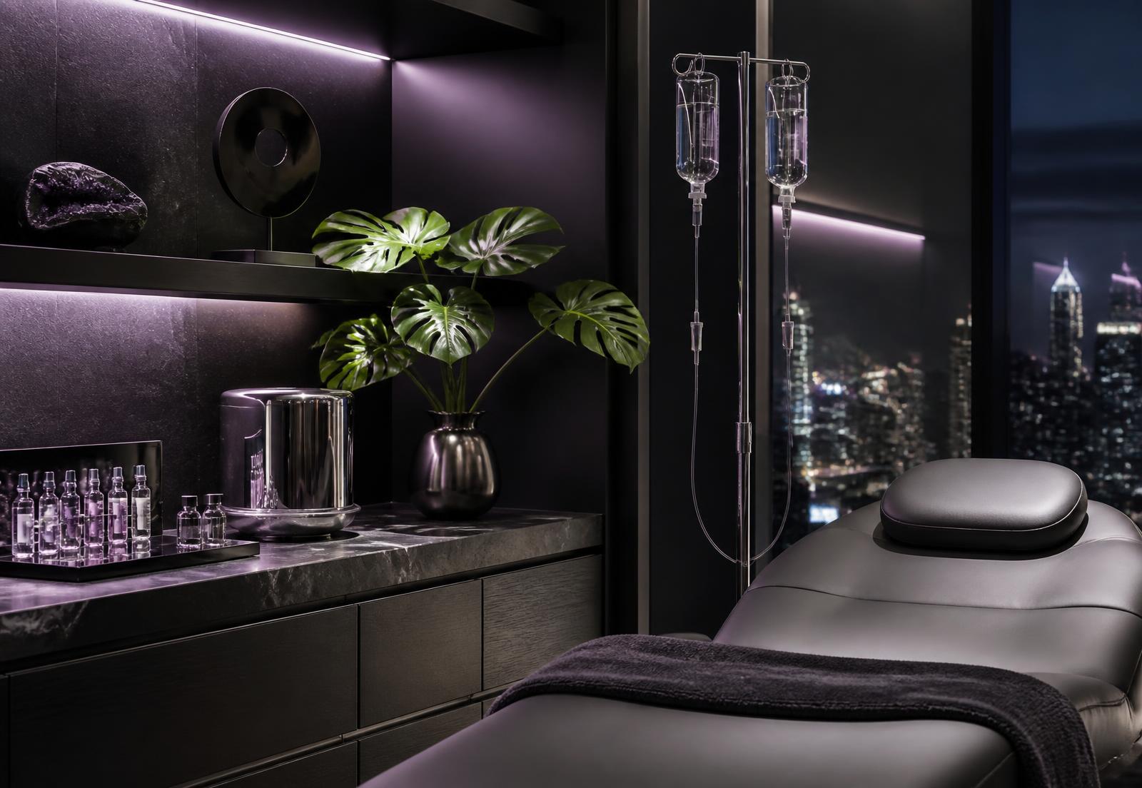 Modern wellness suite with IV infusion setup, hormone therapy vials, and violet accent lighting